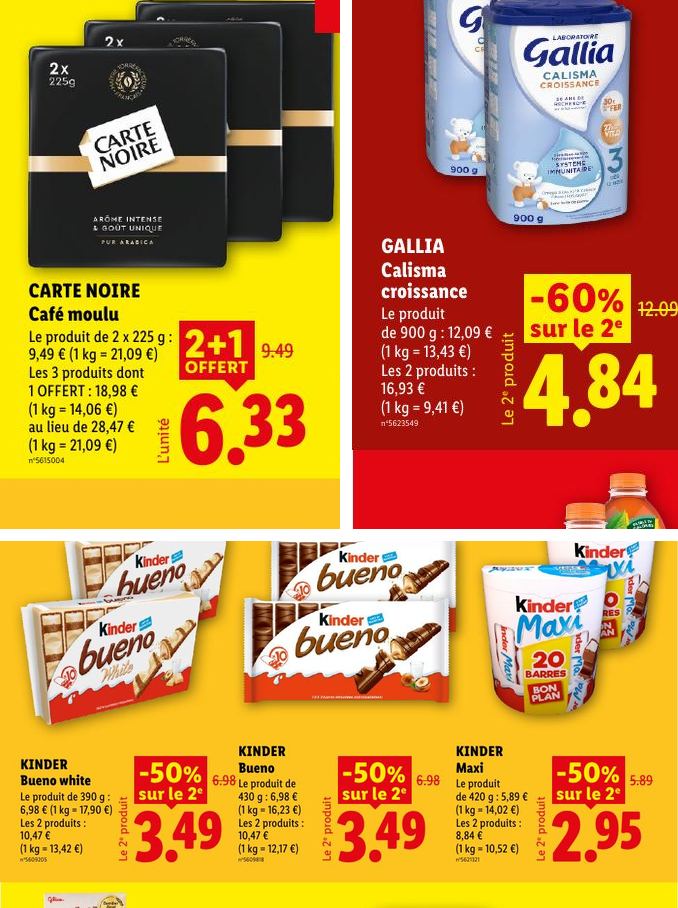 Café Carte Noire, lait de croissance Gallia et Kinder Bueno avec remise sur le 2e produit