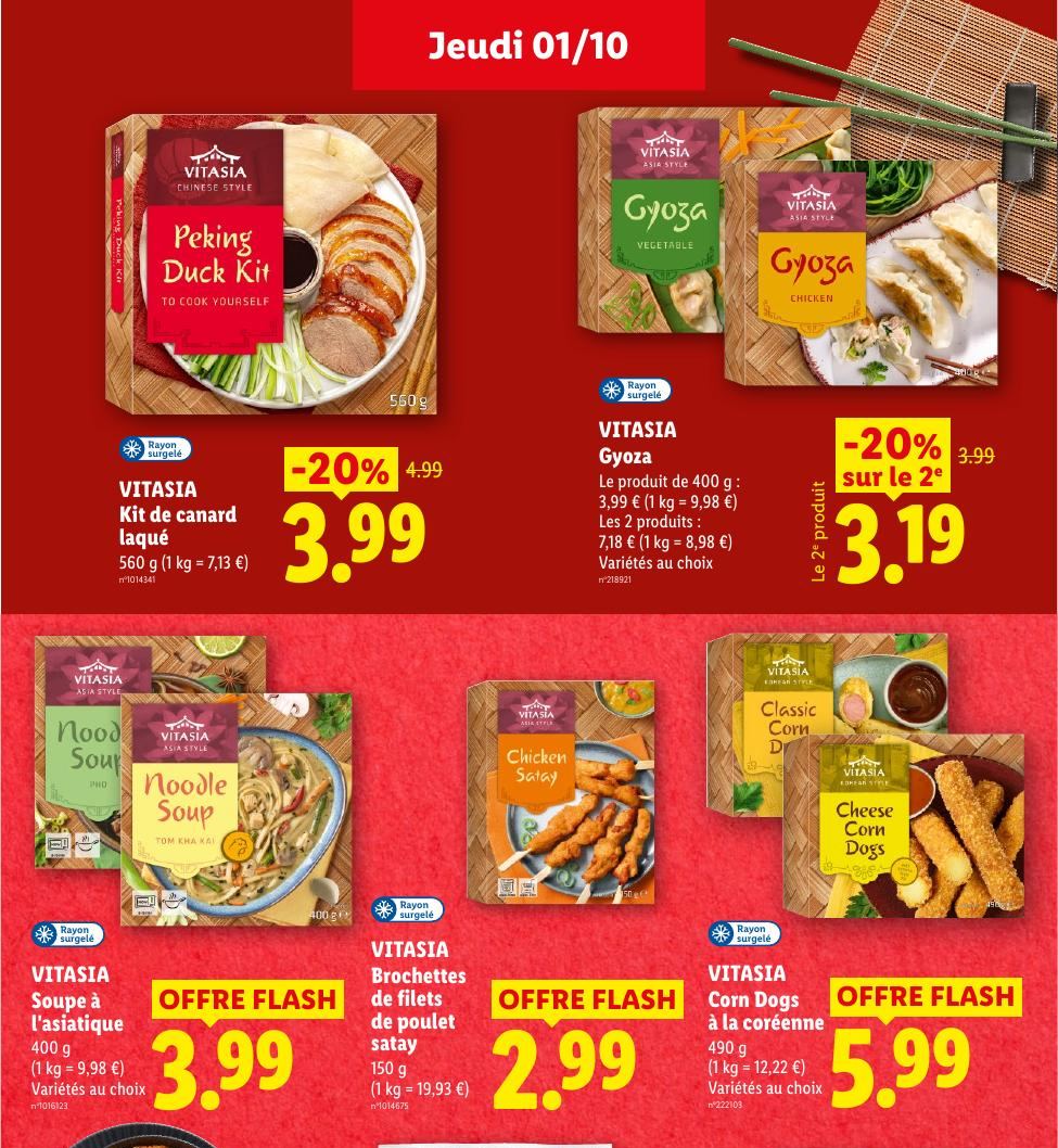 Produits surgelés Vitasia : canard laqué, gyozas, soupe, brochettes satay et corn dogs