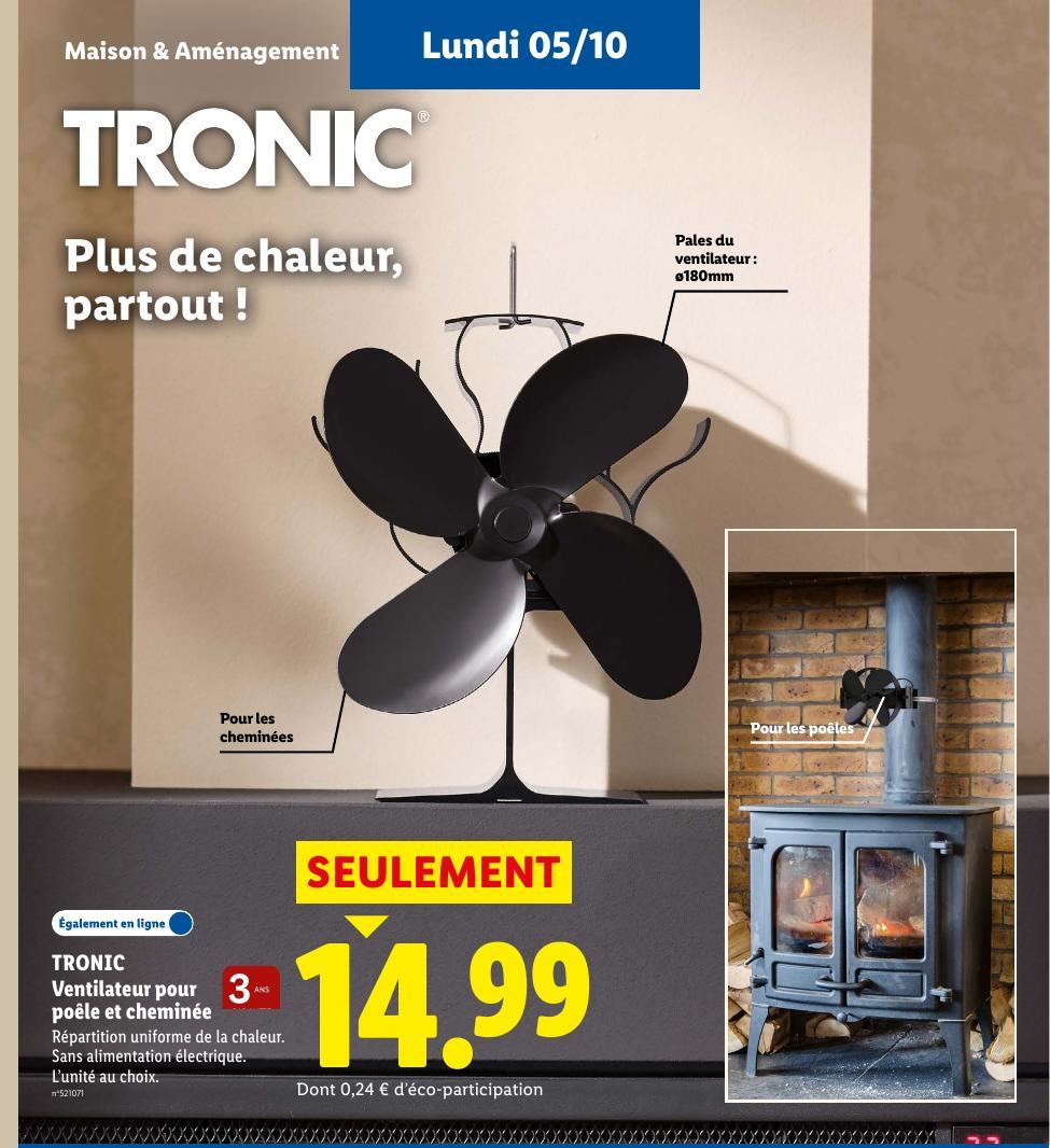 Ventilateur pour poêle et cheminée Tronic à 14,99 €