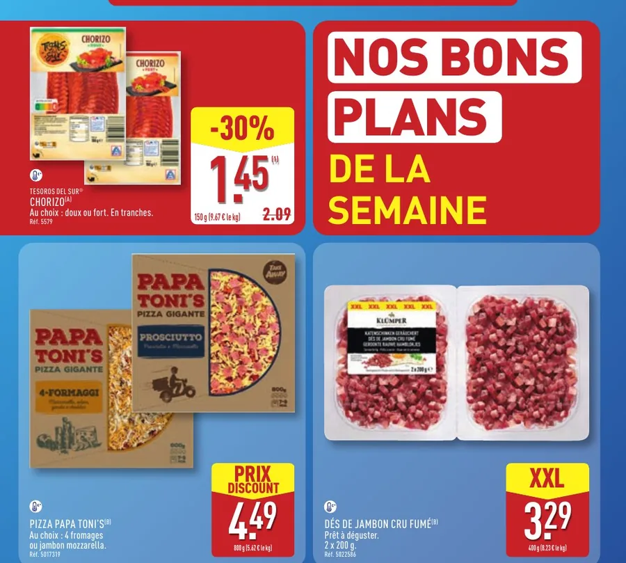 Chorizo à -30 %, pizza Papa Toni's et dés de jambon cru fumé chez Aldi