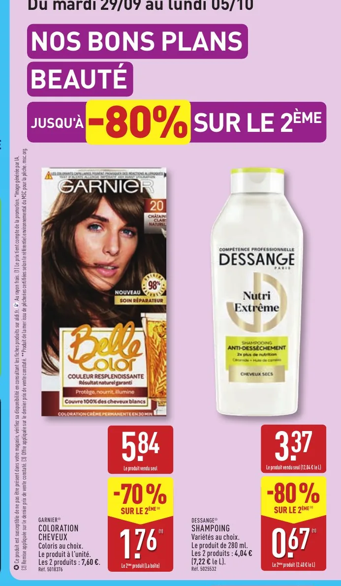 Coloration Garnier Belle Color et shampoing Dessange avec remise sur le deuxième chez Aldi