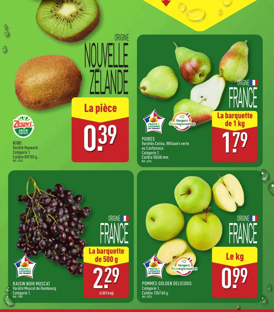 Kiwis à 0,39 €, poires, raisin muscat et pommes Golden à 0,99 € le kilo chez Aldi