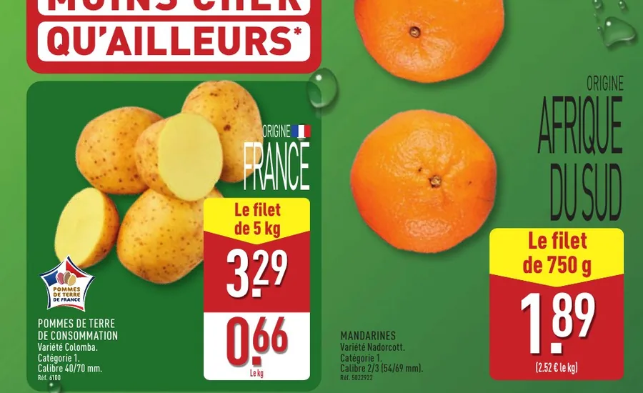 Pommes de terre en filet de 5 kg à 3,29 € et mandarines Nadorcott chez Aldi