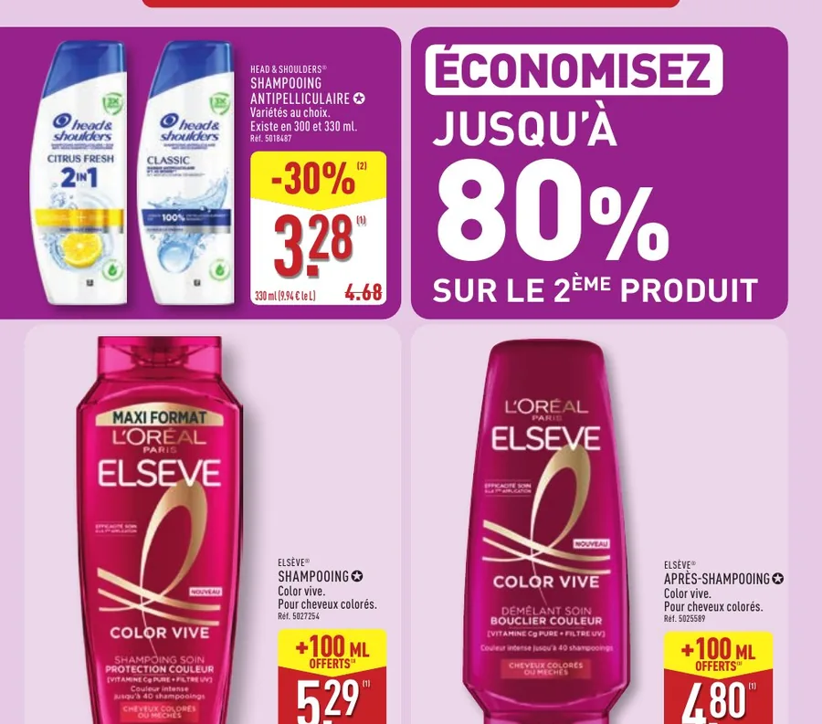 Shampoings Head & Shoulders à -30 % et Elsève avec 100 ml offerts chez Aldi