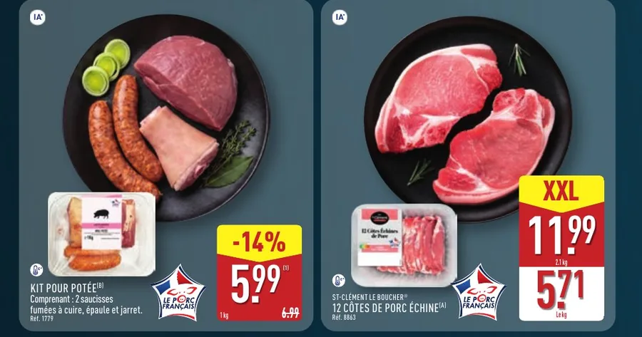 Kit pour potée à 5,99 € et 12 côtes de porc échine à 11,99 € les 2,1 kg chez Aldi