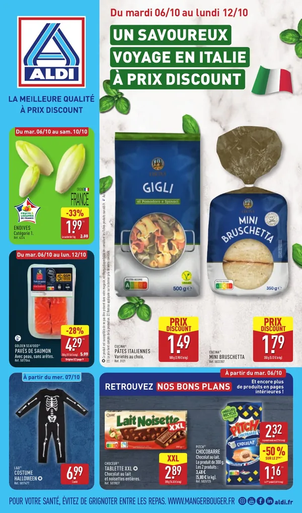 Catalogue Aldi du 6 au 12 octobre 2026 : semaine italienne, endives à 1,99 € et saumon à -28 %