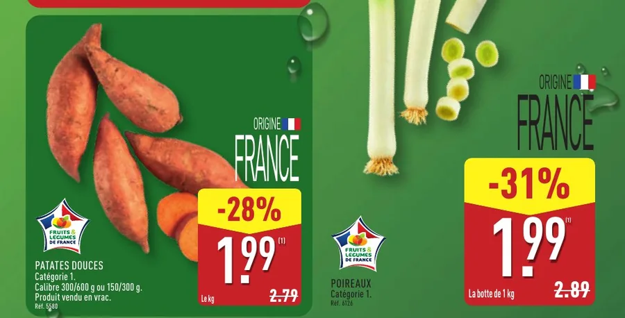 Patates douces à 1,99 € le kilo et poireaux à 1,99 € la botte chez Aldi