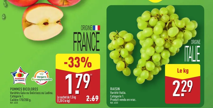 Pommes bicolores à 1,79 € le sachet de 1,5 kg et raisin Italia à 2,29 € le kilo chez Aldi