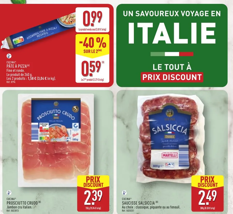 Pâte à pizza, prosciutto crudo et salsiccia Cucina de la semaine italienne Aldi
