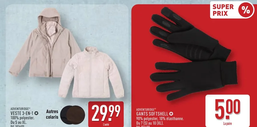 Veste 3-en-1 Adventuridge à 29,99 € et gants softshell à 5 € chez Aldi