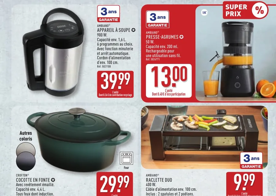 Appareil à soupe, presse-agrumes, cocotte en fonte et raclette duo chez Aldi