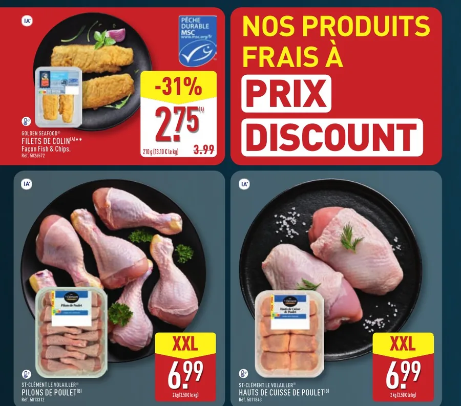 Filets de colin à -31 % et pilons ou hauts de cuisse de poulet 2 kg à 6,99 € chez Aldi