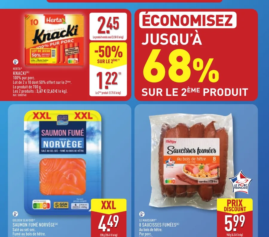 Knacki Herta avec 50 % sur le deuxième lot, saumon fumé et saucisses fumées chez Aldi