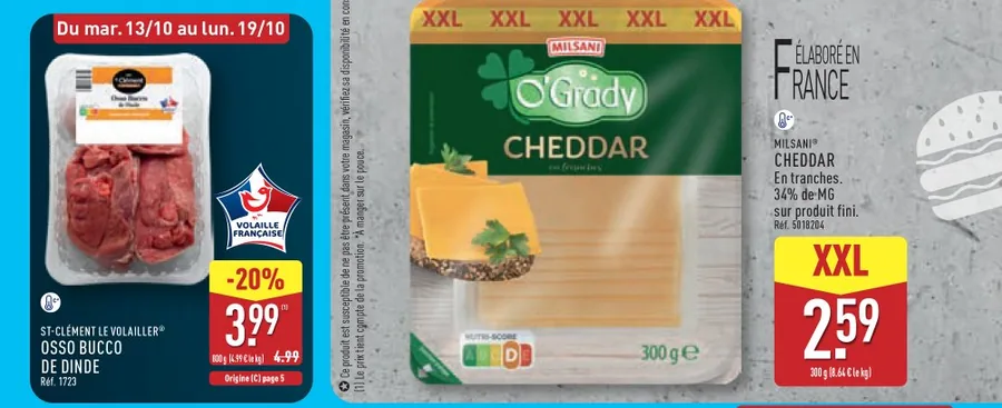 Osso bucco de dinde à 3,99 € et cheddar en tranches XXL à 2,59 € chez Aldi