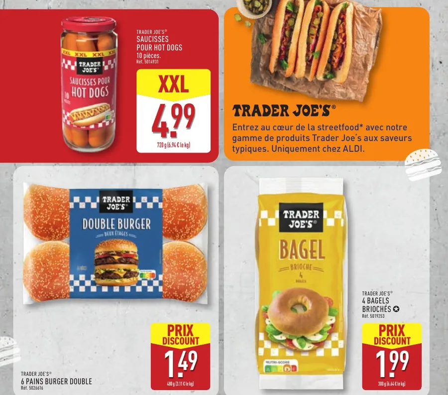 Saucisses pour hot dogs, pains burger et bagels Trader Joe's chez Aldi