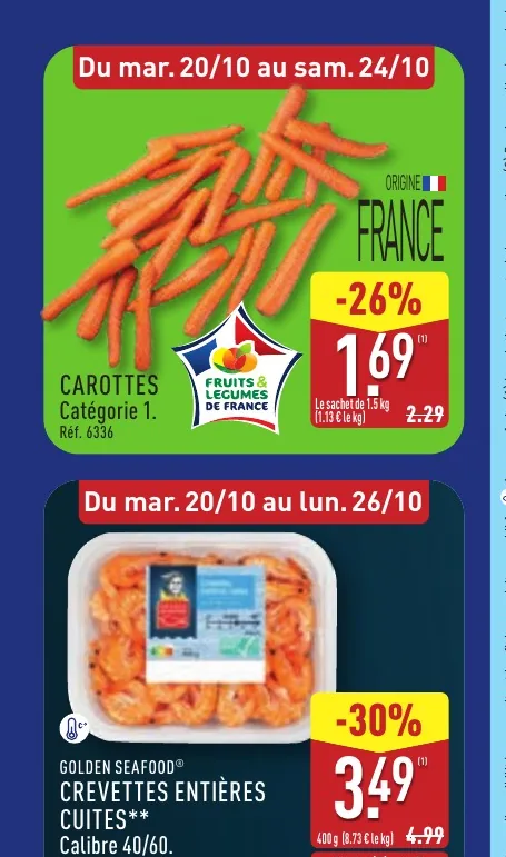 Carottes en sachet de 1,5 kg et crevettes entières cuites en promotion chez Aldi