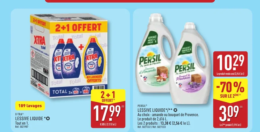 Lessive liquide X-tra Total 2+1 offert et Persil avec le deuxième à -70 % chez Aldi