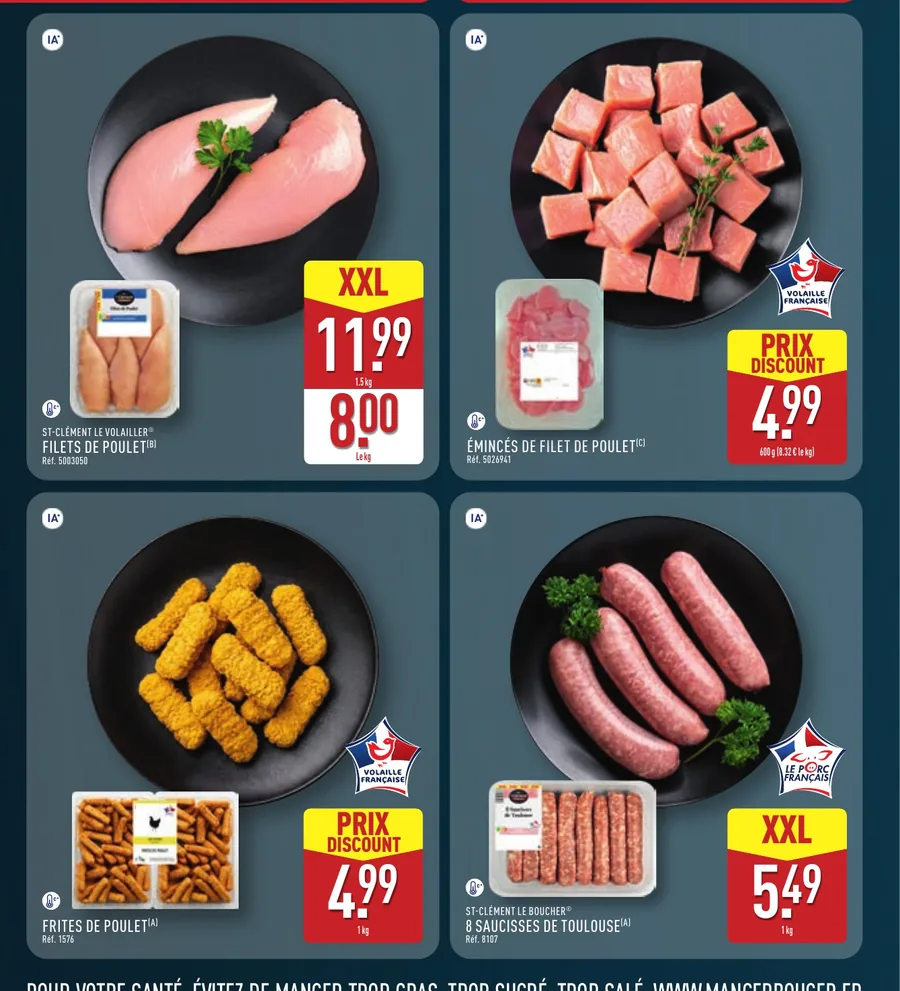 Filets de poulet XXL, émincés, frites de poulet et saucisses de Toulouse chez Aldi