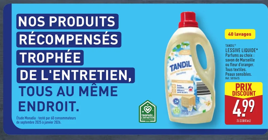 Lessive liquide Tandil 40 lavages à 4,99 euros chez Aldi