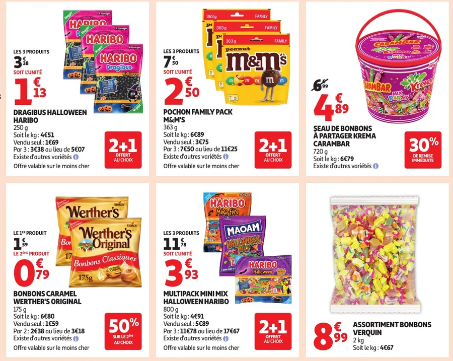 Bonbons d'Halloween Haribo, M&M's et Carambar en lot chez Auchan