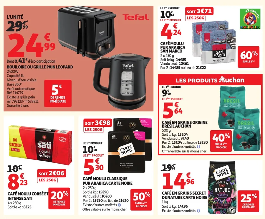 Promotions sur le café moulu et en grains chez Auchan : San Marco, Carte Noire, Sati
