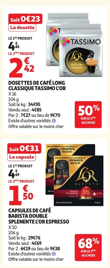 Dosettes Tassimo L'Or et capsules L'Or Barista avec remise sur le 2e produit
