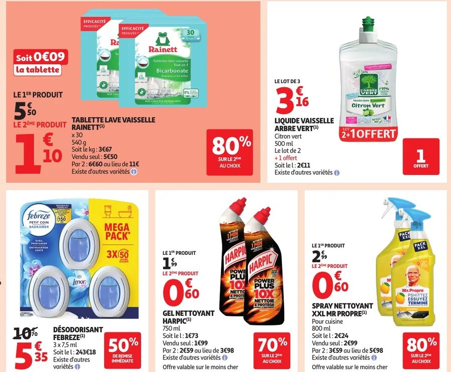 Produits d'entretien Rainett, Harpic et Mr Propre avec -70 % à -80 % sur le 2e
