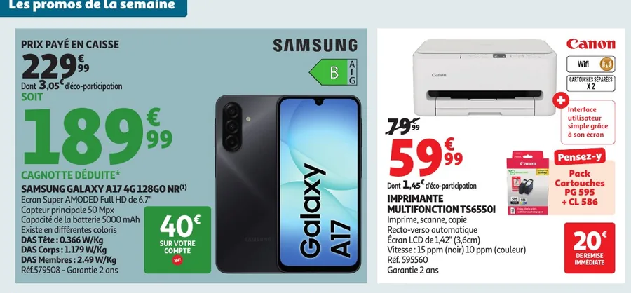 Smartphone Samsung Galaxy A17 et imprimante Canon en promotion chez Auchan