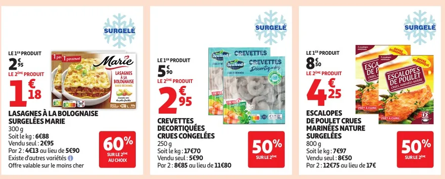 Lasagnes Marie, crevettes et escalopes de poulet surgelées en promotion chez Auchan
