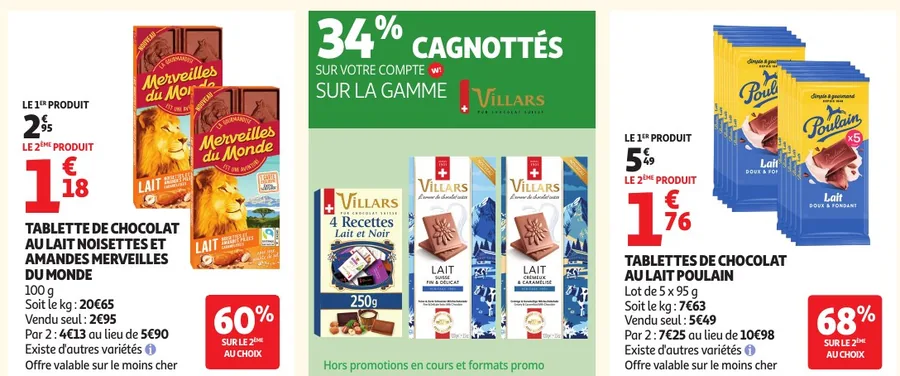 Tablettes de chocolat Merveilles du Monde, Villars et Poulain en promotion chez Auchan