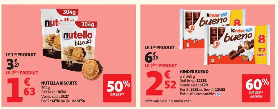 Nutella Biscuits et Kinder Bueno avec remise sur le 2e produit chez Auchan