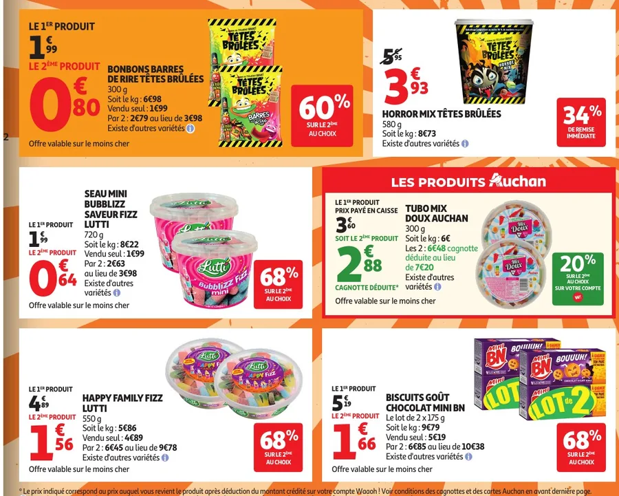 Bonbons d'Halloween Têtes Brûlées, Lutti et biscuits BN avec jusqu'à -68 % sur le 2e