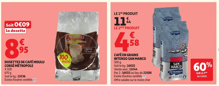 Dosettes de café Métropole et café en grains San Marco en promotion chez Auchan