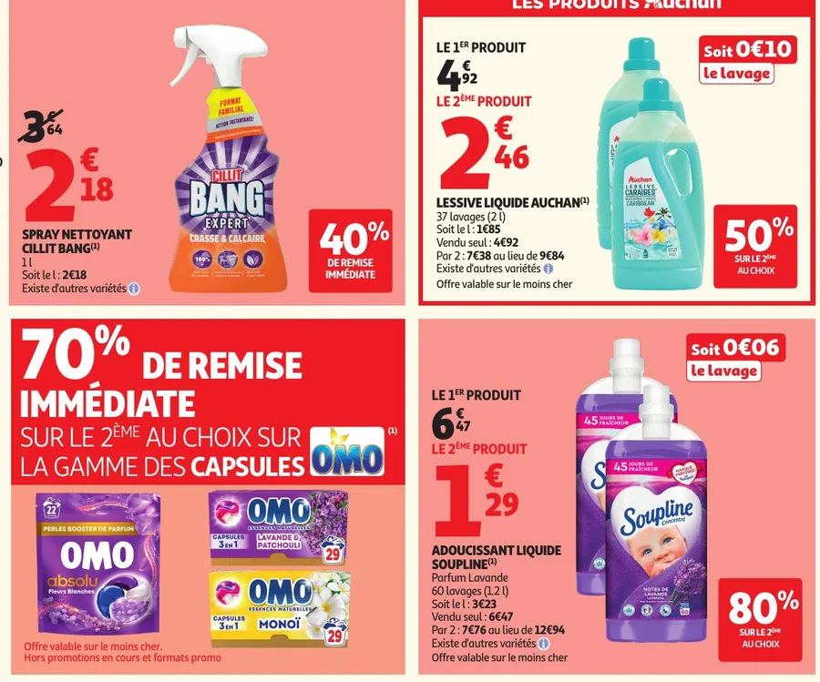 Lessive Auchan, Soupline, Cillit Bang et capsules Omo en promotion