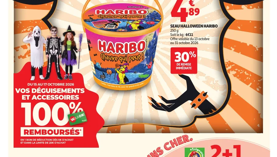 Seau Halloween Haribo à -30 % et déguisements remboursés du 15 au 17 octobre chez Auchan