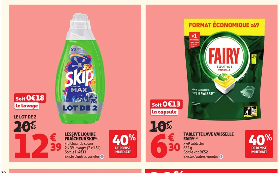 Lessive Skip et tablettes Fairy avec 40 % de remise immédiate chez Auchan