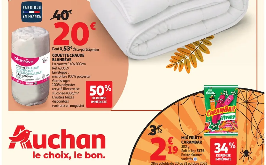 Couette chaude Blanrêve à 20 euros et Carambar Mix Fruity en promotion chez Auchan