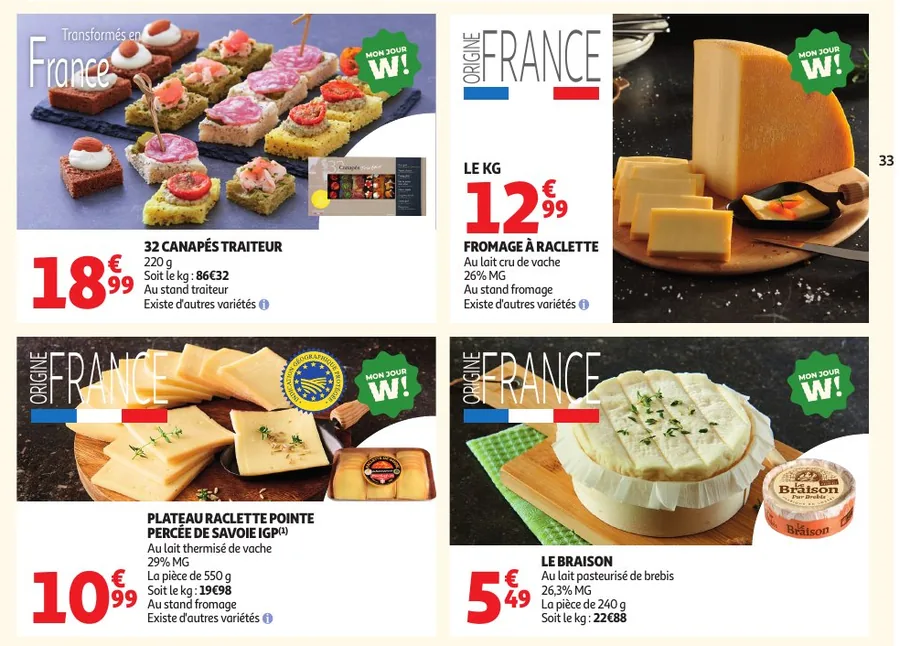 Fromage à raclette, plateau raclette de Savoie et canapés aux Halles Auchan