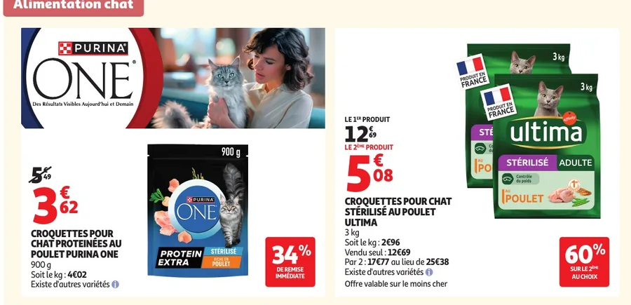Croquettes pour chat Purina One et Ultima en promotion chez Auchan
