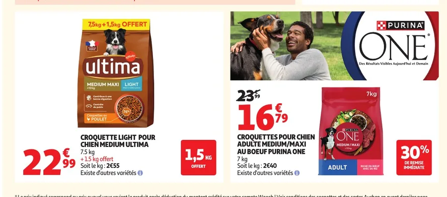 Croquettes pour chien Ultima Light et Purina One en promotion chez Auchan