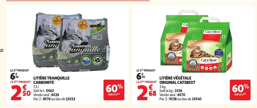 Litières Carbonite et Catsbest avec -60 % sur le 2e, maison de toilette et désodorisant