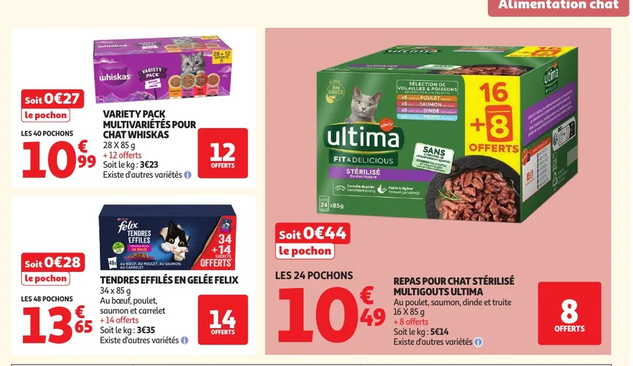Grands formats de pochons pour chat Whiskas, Felix et Ultima avec pochons offerts