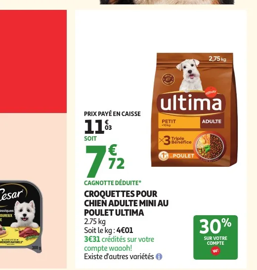 Croquettes Ultima pour petit chien avec 30 % cagnottés chez Auchan