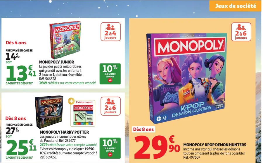 Monopoly Junior, Harry Potter et Kpop Demon Hunters au catalogue Auchan