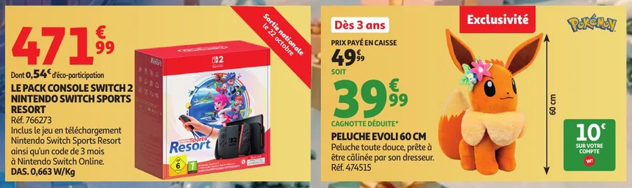 Pack Switch 2 Nintendo Switch Sports Resort et peluche Évoli 60 cm chez Auchan