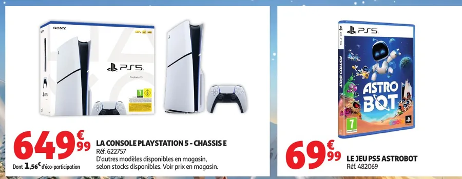 Console PlayStation 5 et jeu Astro Bot au catalogue Auchan