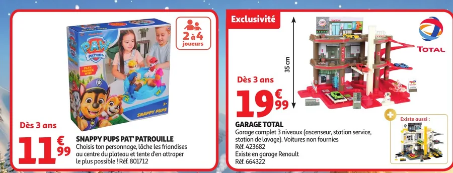 Jeu Snappy Pups Pat'Patrouille et garage Total à moins de 20 euros chez Auchan