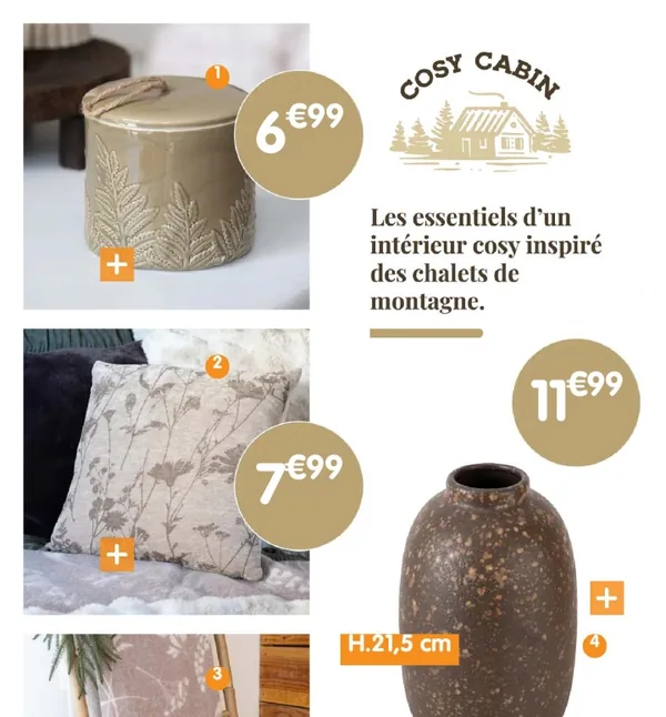 Vase en grès, plaid et coussins de la collection Cosy Cabin chez B&M