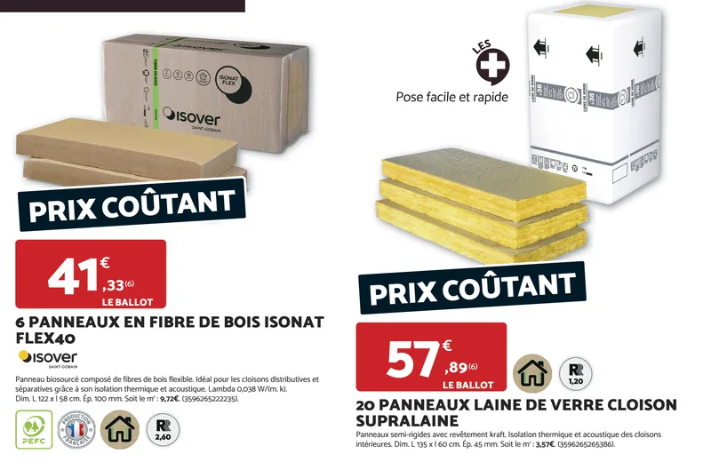 Panneaux isolants en fibre de bois et laine de verre à prix coûtant chez Bricomarché