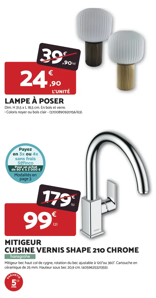 Lampe à poser et mitigeur Hansgrohe en promotion chez Bricomarché